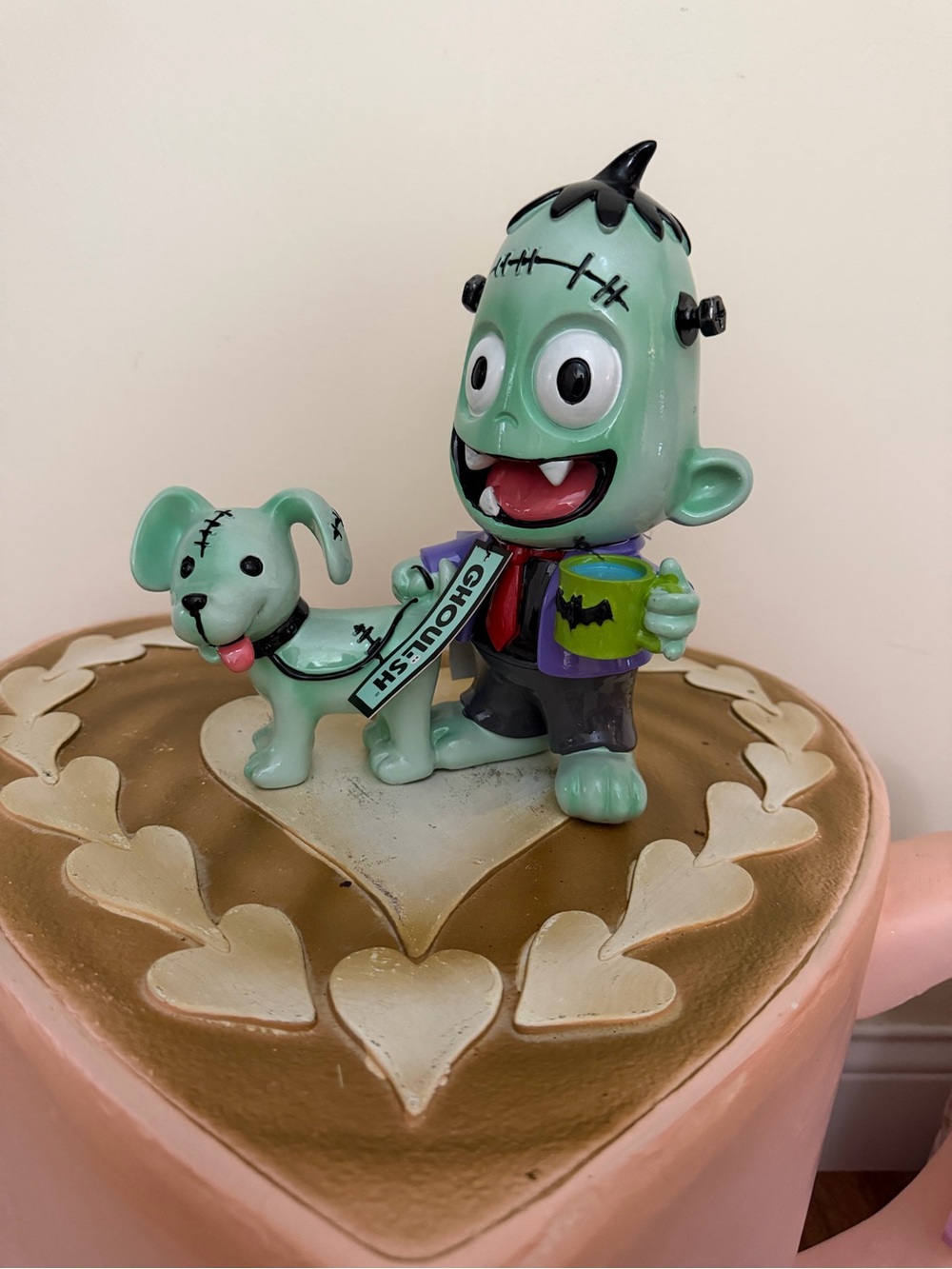 Ghoulish Halloween Resin Green Frankenstein with Coffee Walking Green Dog